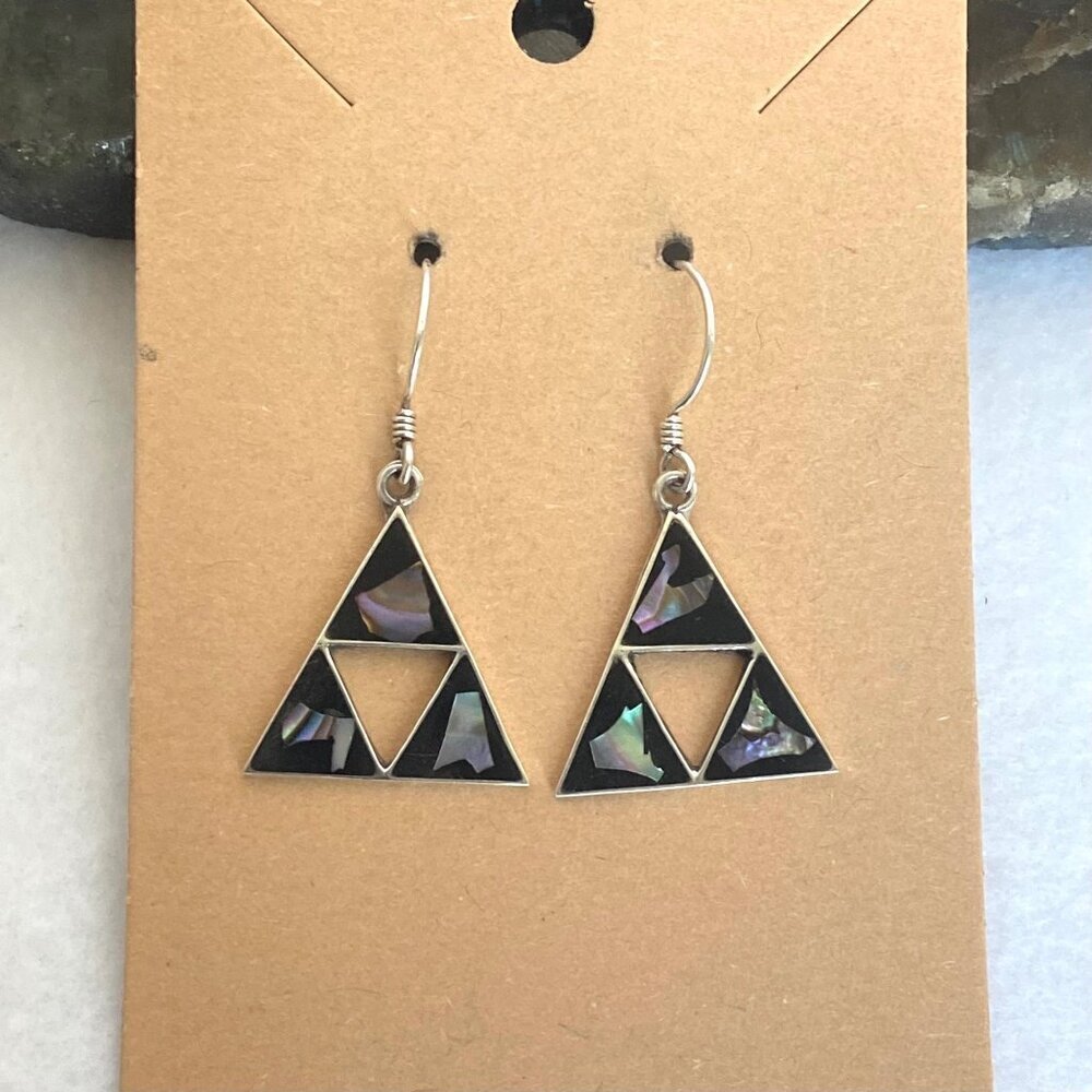 Sterling Silver 925 Southwest Style Abalone Inlay Triangle Dangle Drop Earrings